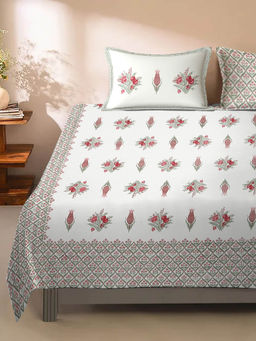 Rajasthan Decor - White and Pink Floral Print 220 TC Cotton King Bed Sheet with 2 Pillow Covers
