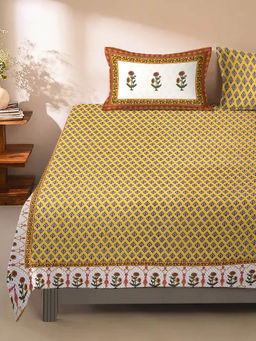 Rajasthan Decor - Yellow Floral Print 180 TC Cotton King Bed Sheet with 2 Pillow Covers