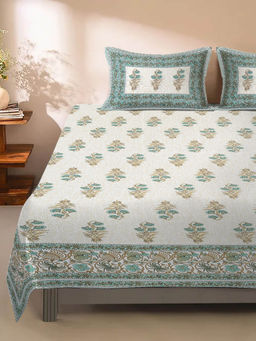 Rajasthan Decor - White and Green Floral Print 144 TC Cotton Double Bed Sheet with 2 Pillow Covers