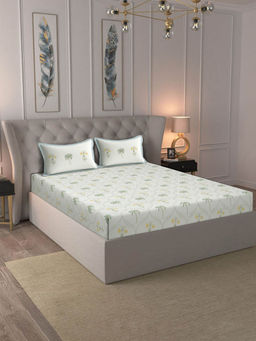 Rajasthan Decor - Floral Printed Cream Colord Pure Cotton King Bed Sheet with 2 Pillow Covers