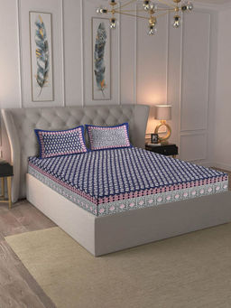 Rajasthan Decor - Floral Printed Navy Blue Pure Cotton King Bed Sheet with 2 Pillow Covers