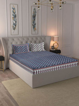 Rajasthan Decor - Floral Printed Grey Colord Pure Cotton King Bed Sheet with 2 Pillow Covers