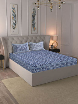 Rajasthan Decor - Floral Printed Blue Colord Pure Cotton King Bed Sheet with 2 Pillow Covers