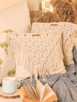 Karighar - Bohemian V shape Knotted Cushion Cover (16x16 Inches)