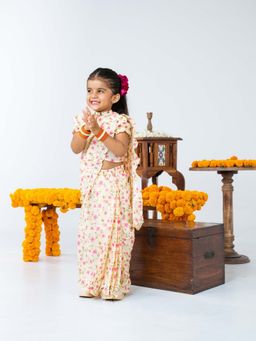 JILMIL - Girls Off White Floral Printed Ready To Wear Cotton Saree with Blouse