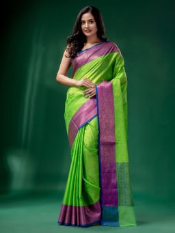 CHARUKRITI - Green Organza Handwoven Soft Saree with Woven Design with Unstitched Blouse