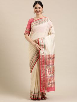 Sareemall - Women Silk Blend Cream Woven Design Celebrity Saree with Blouse Piece