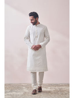 Manyavar - Off White / Cream Georgette Embroidery Kurta Churidar Set (Set of 2)