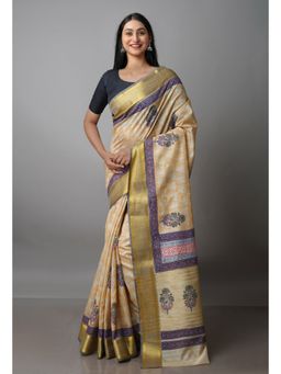 Unnati Silks - Beige Pure Handloom Bengal Tusshar Silk Saree with Unstitched Blouse