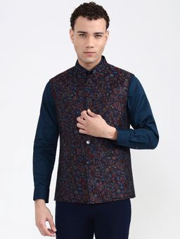 Wyre - Men Navy Blue Printed Nehru Jacket
