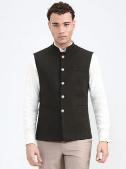 Wyre - Men Olive Green Solid Blended Nehru Jacket