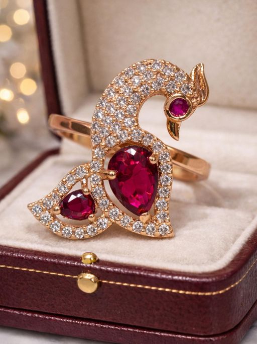 Estele Rose Gold Peacock Ruby Red CZ Ring