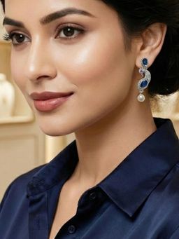 Estele - Rhodium Peacock Blue CZ Drop Earrings