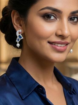 Estele - Rhodium Peacock CZ Blue Beads Earrings