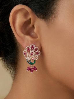 Estele - Rose Gold Peacock Red CZ Beads Earrings