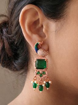 Estele - Rose Gold Peacock Green CZ Dangle Earrings