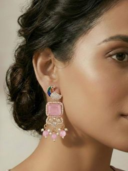 Estele - Rose Gold Peacock Mint CZ Pink Dangle Earrings