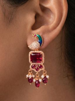 Estele - Rose Gold Peacock Ruby CZ Pink Dangle Earrings