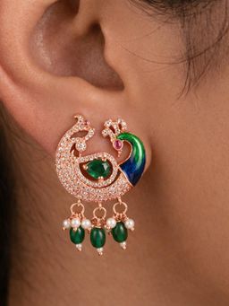 Estele - Rose Gold Peacock Green CZ Stones Earrings