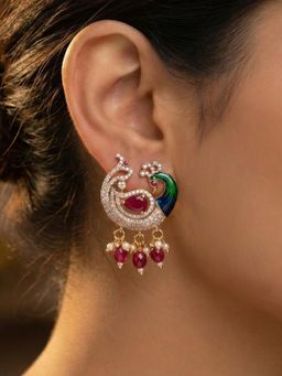 Estele - Rose Gold Peacock Ruby Pink CZ Stones Earrings