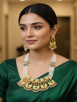 PANASH - Gold-Plated Green Kundan-Studded Necklace with Earrings