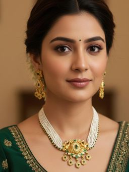 PANASH - Gold-Plated Green Stone & Beaded Necklace with Earrings