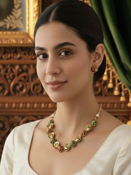 PANASH - Gold-Plated Multi-Color Stone Studded Necklace with Earrings