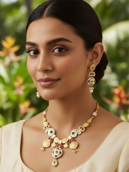 PANASH - 24K Gold-Plated Multi-Color Artificial Stones-Studded Necklace with Earrings