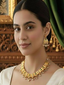 PANASH - 24K Gold-Plated Multi-Color Studded & Beaded Necklace with Earrings