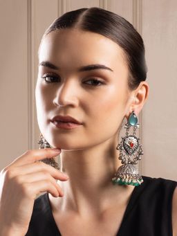 PANASH - Green Silver-Plated Stones Oxidised Drop Earrings