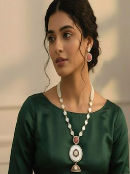 PANASH - White Gold-Plated Pearl Beaded Necklace with Earrings