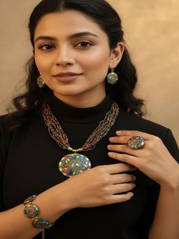 PANASH - Multi-Color Artificial Beaded Necklace Earrings with Bracelet & Ring