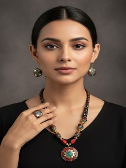 PANASH - Gold-Plated Multi-Color Artificial Beaded Necklace & Earrings with Ring