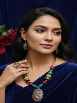 PANASH - Gold-Plated Multi-Color Artificial Beaded Necklace & Earrings with Ring