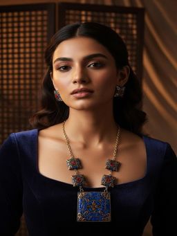 PANASH - Gold-Plated Blue Artificial Necklace with Earrings