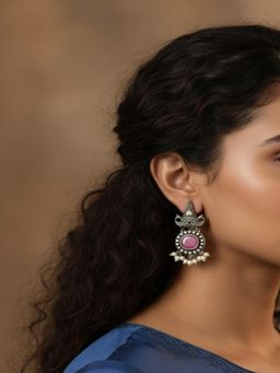 PANASH - Pink Silver-Plated Stones Studded Drop Earrings