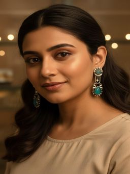 PANASH - Green Silver-Plated Studded & Beaded Teardrop Drop Earrings