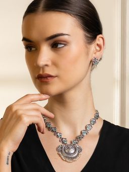 PANASH - Blue Stone-Studded & Beaded Necklace with Earrings