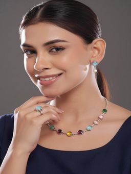 PANASH - Silver-Plated Multi-Color Stone-Studded Necklace & Earrings with Ring