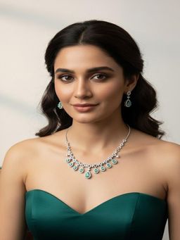 PANASH - Silver-Plated Blue American Diamond Necklace & Earrings