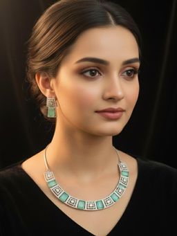PANASH - Silver-Plated Blue American Diamond Necklace & Earrings