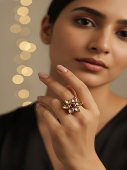 PANASH - Pink Gold-Plated Kundan-Studded Adjustable Ring