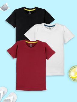 KiddoPanti - Boys Solid Round Neck T-shirt - Black/ White/ Maroon (Pack of 3)