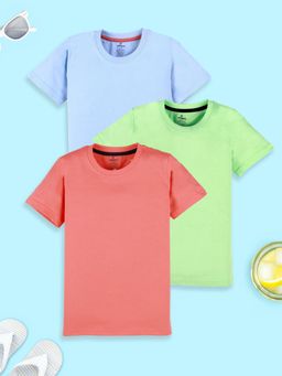 KiddoPanti - Boys Solid Round Neck T-shirt - Green/ Blue/ Coral (Pack of 3)