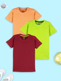 KiddoPanti - Boys Solid Round Neck T-shirt - Lt Orange/ Maroon/ Neon Green (Pack of 3)