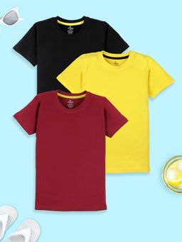 KiddoPanti - Boys Solid Round Neck T-shirt - Maroon/ Yellow/ Black (Pack of 3)