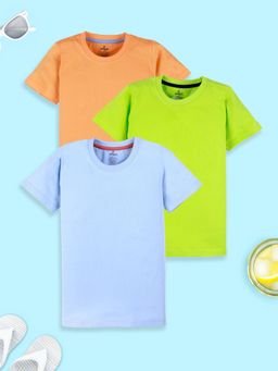 KiddoPanti - Boys Solid Round Neck T-shirt - Neon Green/ Blue/ Orange (Pack of 3)