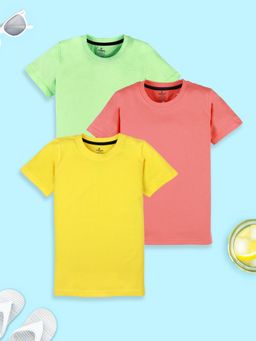 KiddoPanti - Boys Solid Round Neck T-shirt - Yellow/ Coral/ Green (Pack of 3)