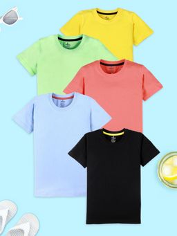KiddoPanti - Boys Solid Round Neck T-shirt - Black/ Green/ Coral (Pack of 5)