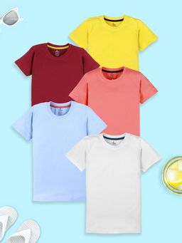 KiddoPanti - Boys Solid Round Neck T-shirt - Maroon/ Blue/ White (Pack of 5)